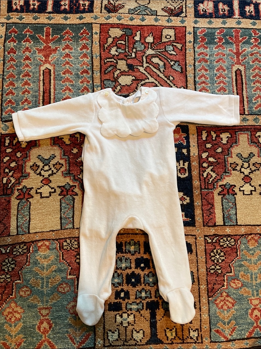 Jacadi Baby White VelourOnesie with Scalloped Bib